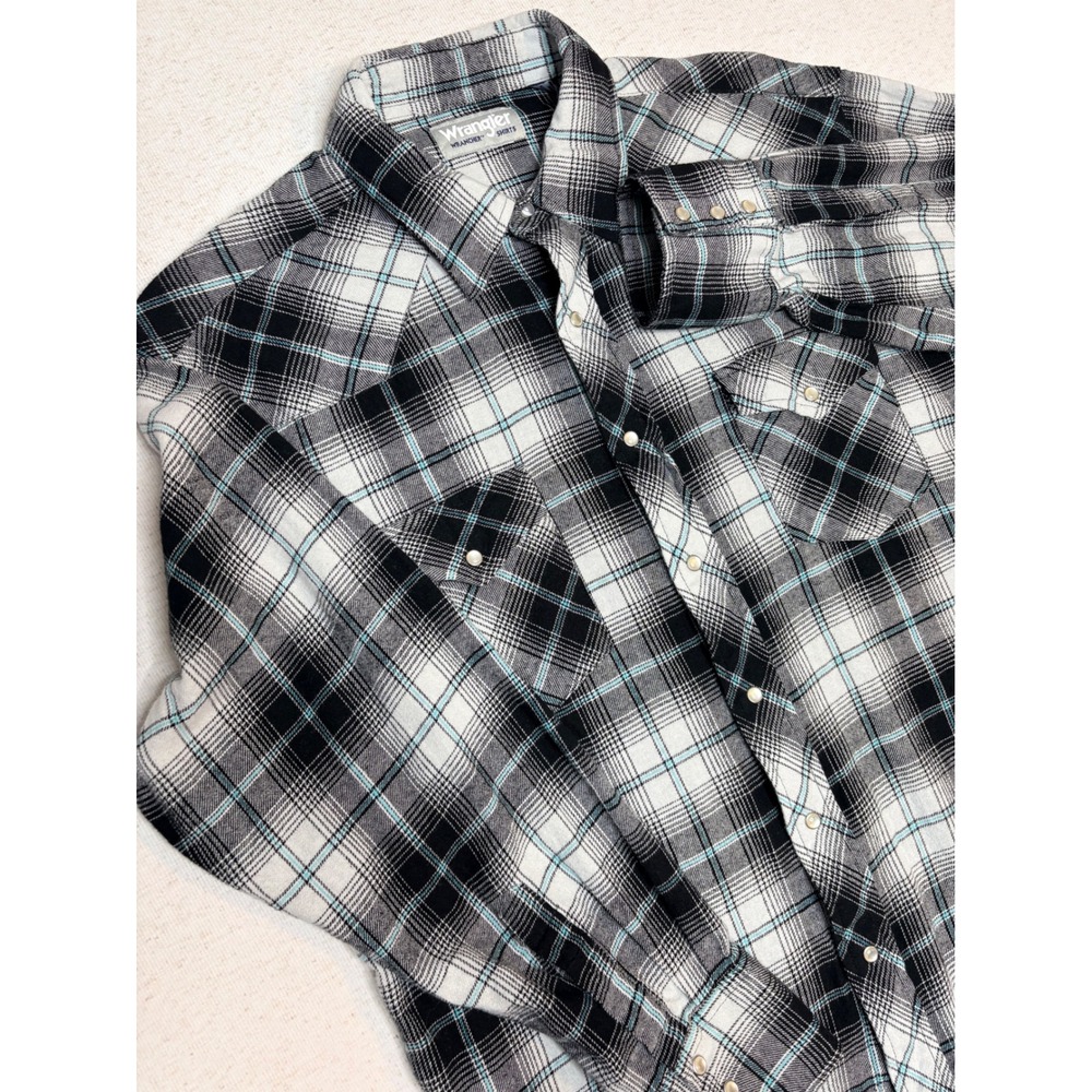Wrangler Wrancher Mens XL Western Pearl Snap Shirt Plaid Black Blue Long Sleeve